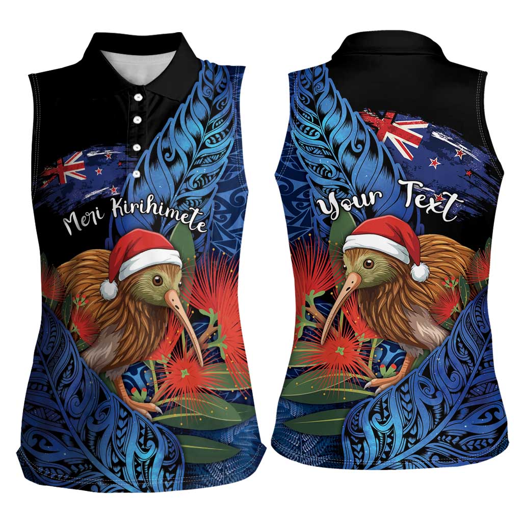 Personalised New Zealand Christmas Women Sleeveless Polo Shirt Santa Kiwi Bird With Pohutukawa Flowers - Polynesian Pride