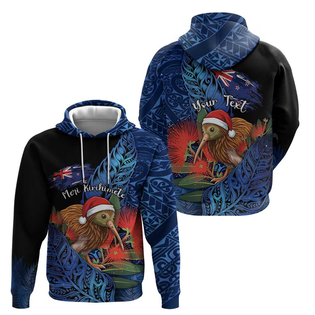 Personalised New Zealand Christmas Zip Hoodie Santa Kiwi Bird With Pohutukawa Flowers - Polynesian Pride