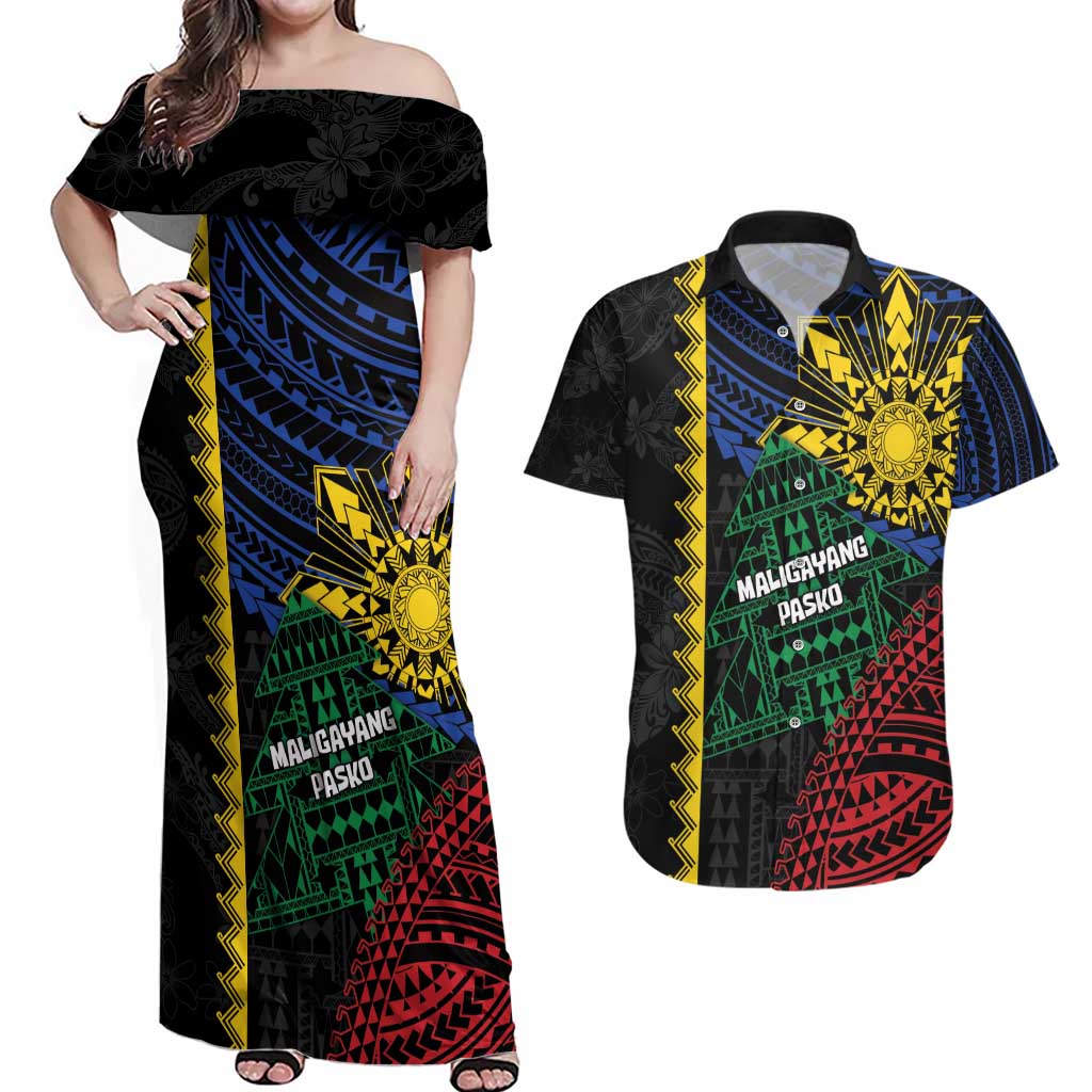 Personalised Philippines Christmas Couples Matching Off Shoulder Maxi Dress and Hawaiian Shirt Xmas Tree Filipino Tribal Patterns - Polynesian Pride