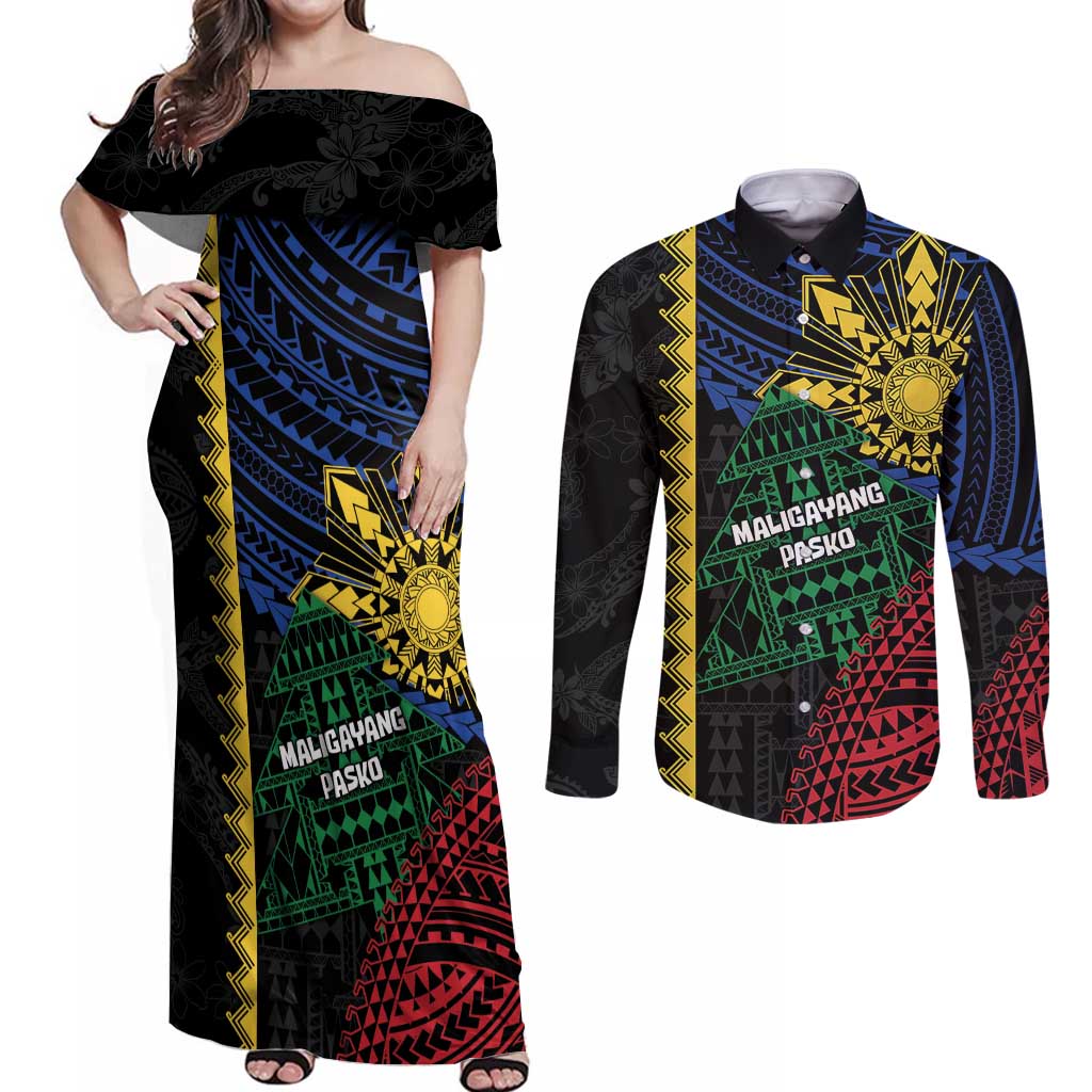 Personalised Philippines Christmas Couples Matching Off Shoulder Maxi Dress and Long Sleeve Button Shirt Xmas Tree Filipino Tribal Patterns - Polynesian Pride