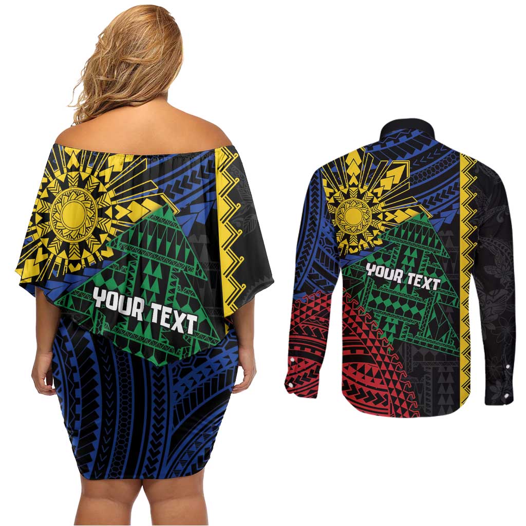 Personalised Philippines Christmas Couples Matching Off Shoulder Short Dress and Long Sleeve Button Shirt Xmas Tree Filipino Tribal Patterns - Polynesian Pride