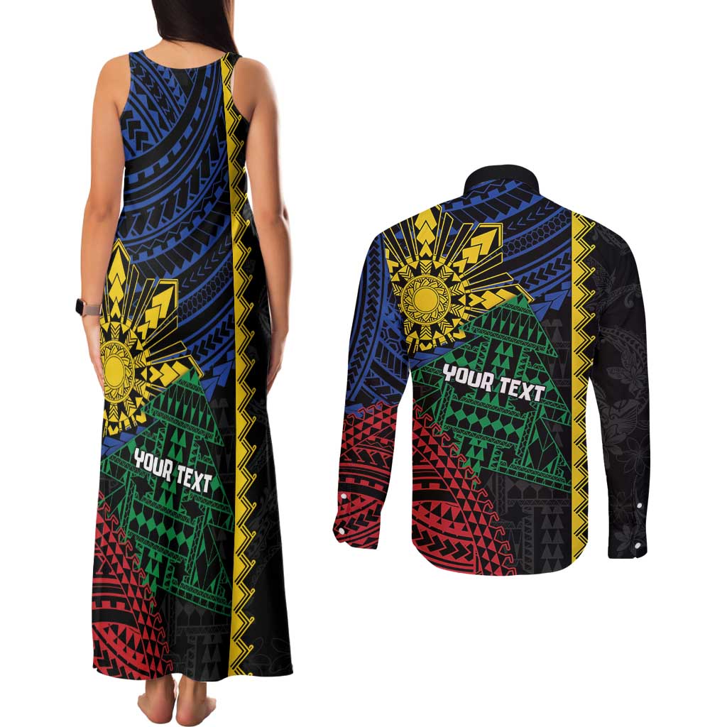 Personalised Philippines Christmas Couples Matching Tank Maxi Dress and Long Sleeve Button Shirt Xmas Tree Filipino Tribal Patterns - Polynesian Pride