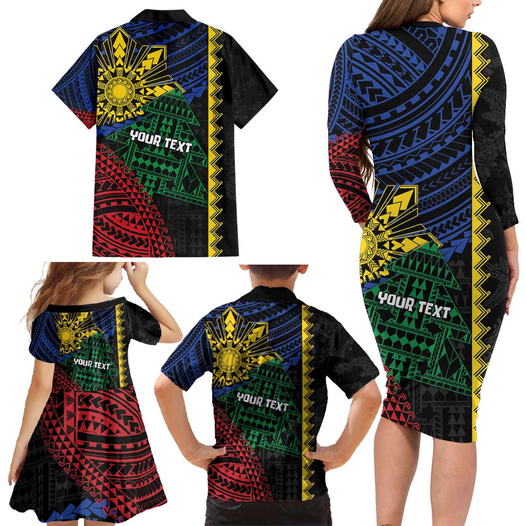 Personalised Philippines Christmas Family Matching Long Sleeve Bodycon Dress and Hawaiian Shirt Xmas Tree Filipino Tribal Patterns - Polynesian Pride