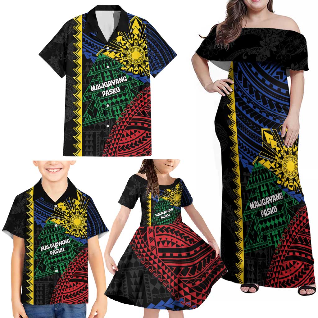 Personalised Philippines Christmas Family Matching Off Shoulder Maxi Dress and Hawaiian Shirt Xmas Tree Filipino Tribal Patterns - Polynesian Pride