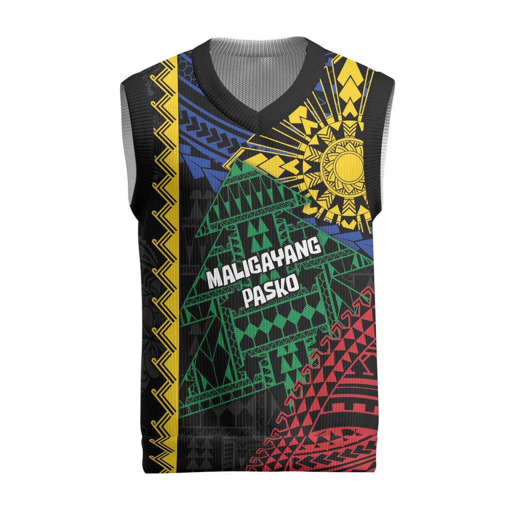 Personalised Philippines Christmas Knitted V-Neck Vest Xmas Tree Filipino Tribal Patterns - Polynesian Pride
