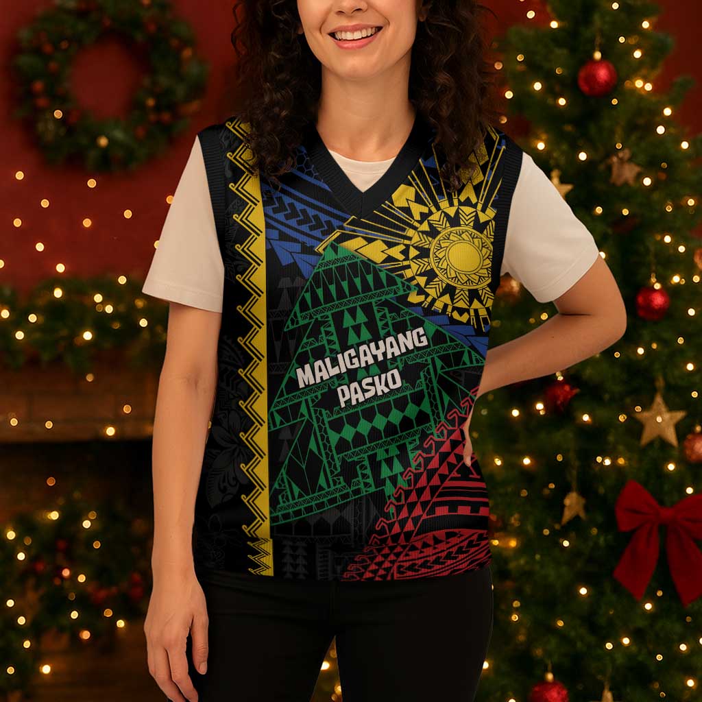 Personalised Philippines Christmas Knitted V-Neck Vest Xmas Tree Filipino Tribal Patterns - Polynesian Pride