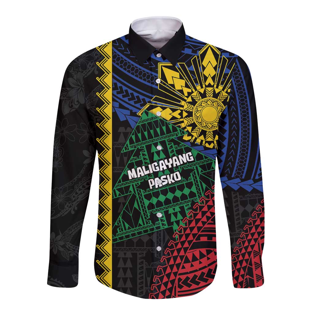 Personalised Philippines Christmas Long Sleeve Button Shirt Xmas Tree Filipino Tribal Patterns - Polynesian Pride