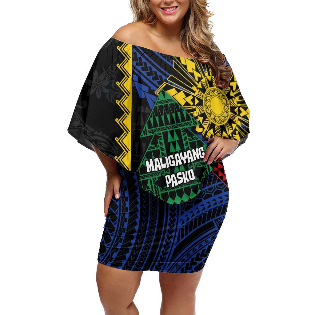 Personalised Philippines Christmas Off Shoulder Short Dress Xmas Tree Filipino Tribal Patterns - Polynesian Pride