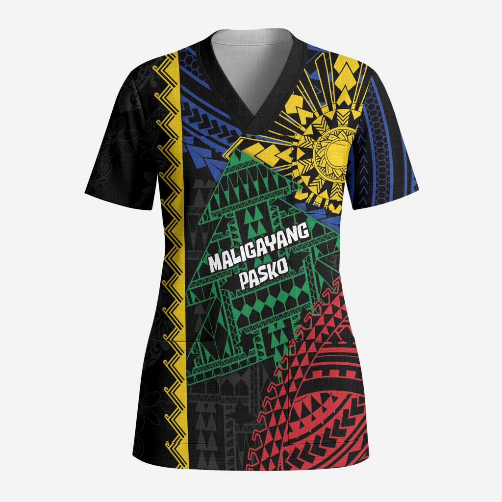 Personalised Philippines Christmas Scrub Top Xmas Tree Filipino Tribal Patterns - Polynesian Pride