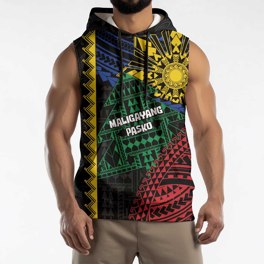 Personalised Philippines Christmas Sleeveless Hoodie Xmas Tree Filipino Tribal Patterns - Polynesian Pride