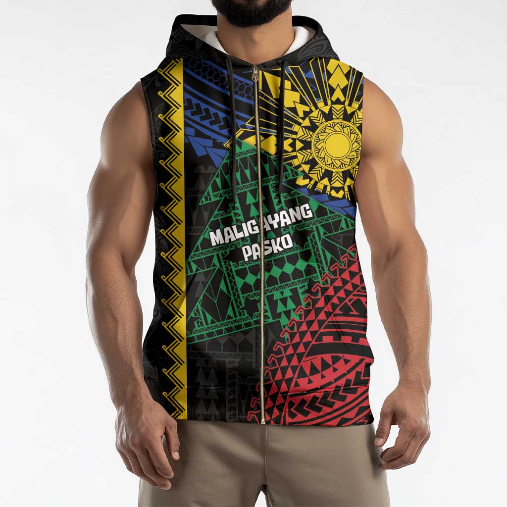 Personalised Philippines Christmas Sleeveless Zip Hoodie Xmas Tree Filipino Tribal Patterns - Polynesian Pride