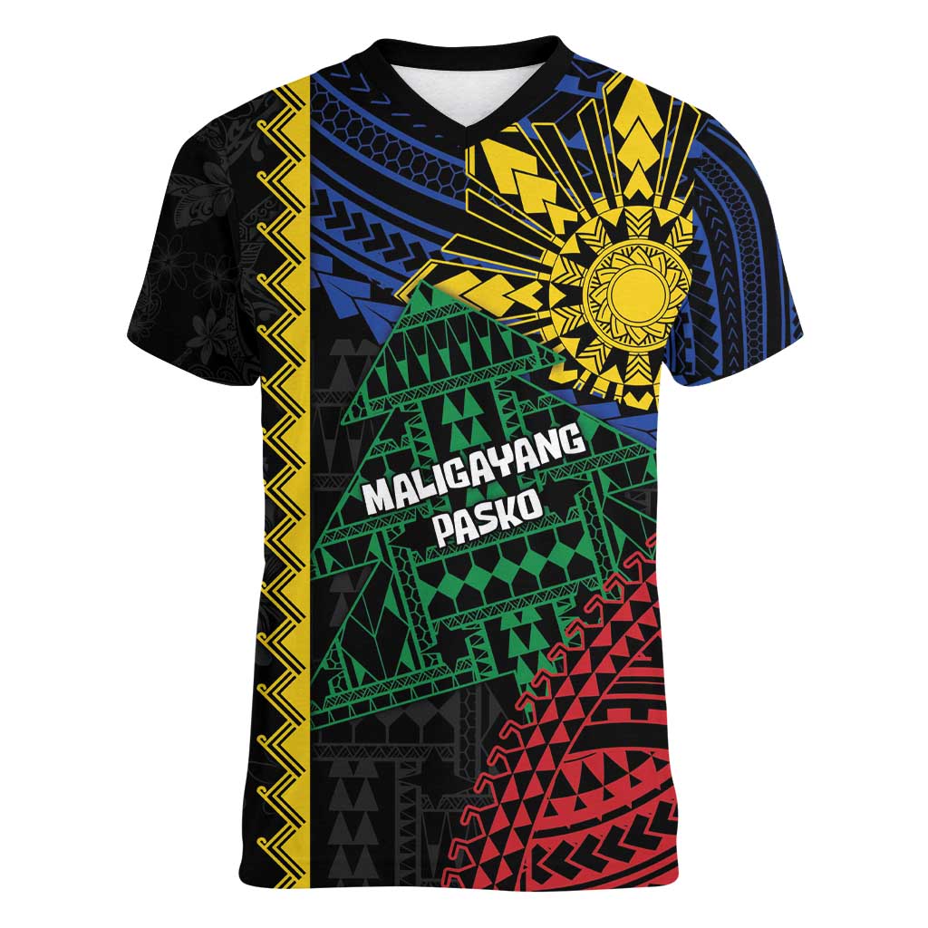 Personalised Philippines Christmas Women V-Neck T-Shirt Xmas Tree Filipino Tribal Patterns - Polynesian Pride