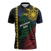 Personalised Philippines Christmas Zipper Polo Shirt Xmas Tree Filipino Tribal Patterns - Polynesian Pride