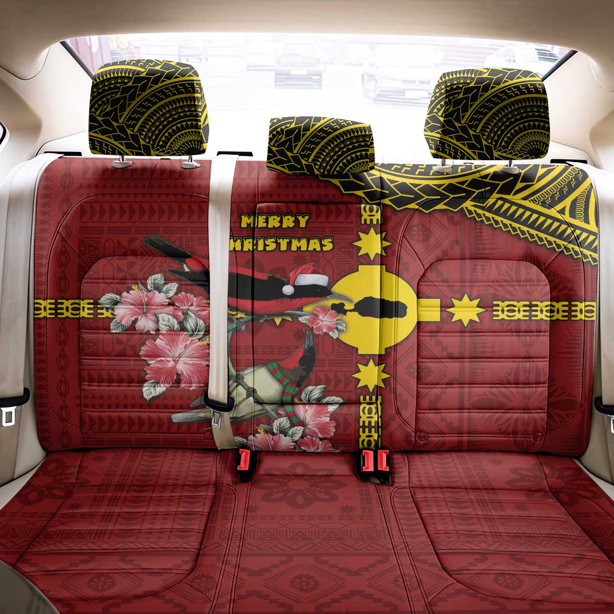 Rotuma Christmas Back Car Seat Cover Rotuma Myzomela Birds With Hibiscus Flowers - Polynesian Pride
