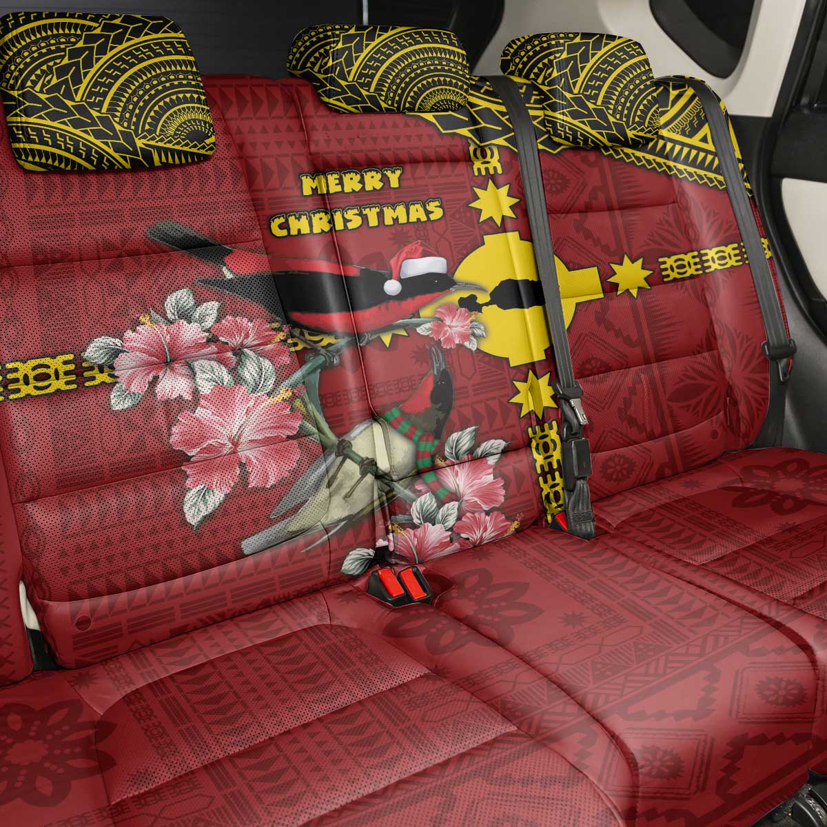 Rotuma Christmas Back Car Seat Cover Rotuma Myzomela Birds With Hibiscus Flowers - Polynesian Pride