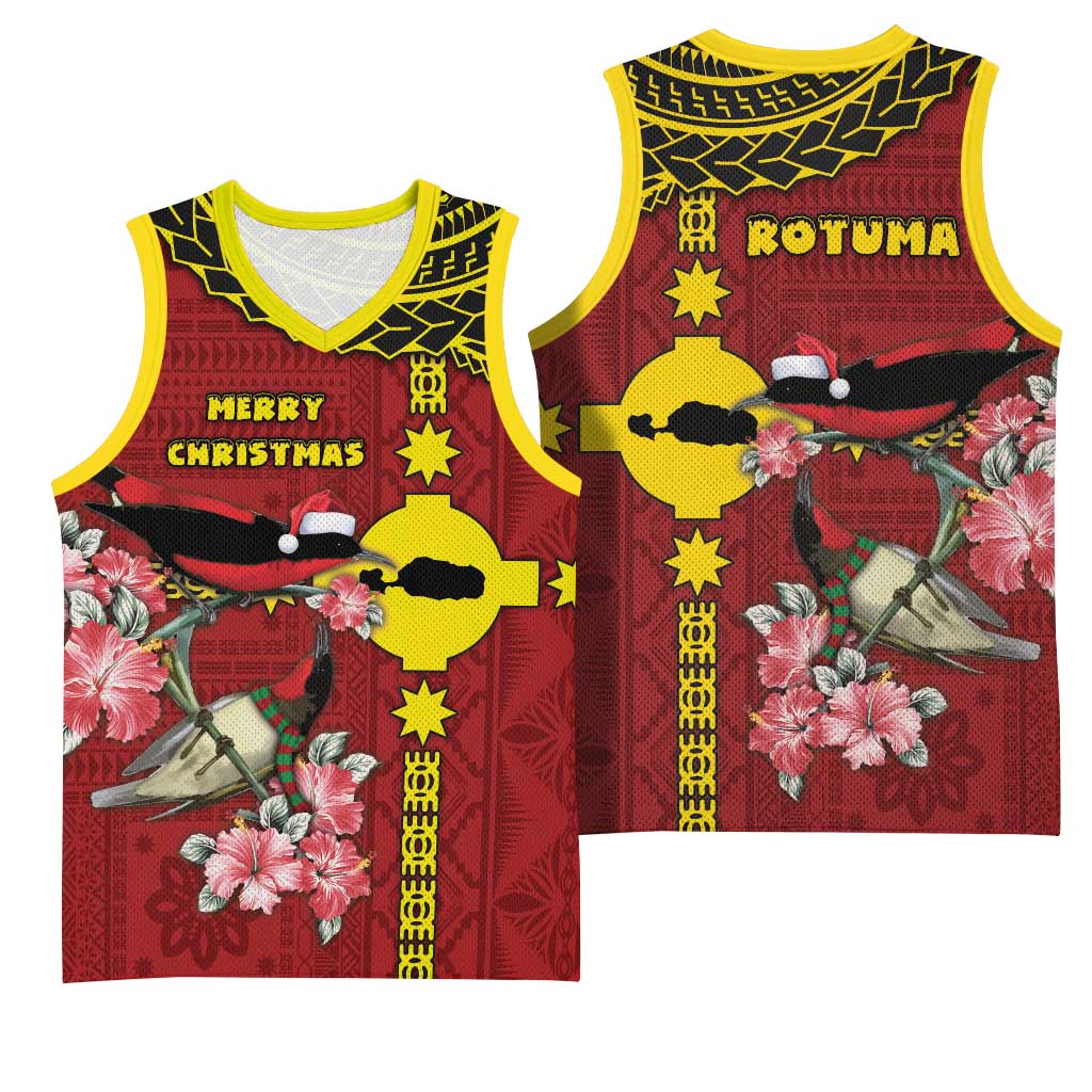Rotuma Christmas Basketball Jersey Rotuma Myzomela Birds With Hibiscus Flowers - Polynesian Pride