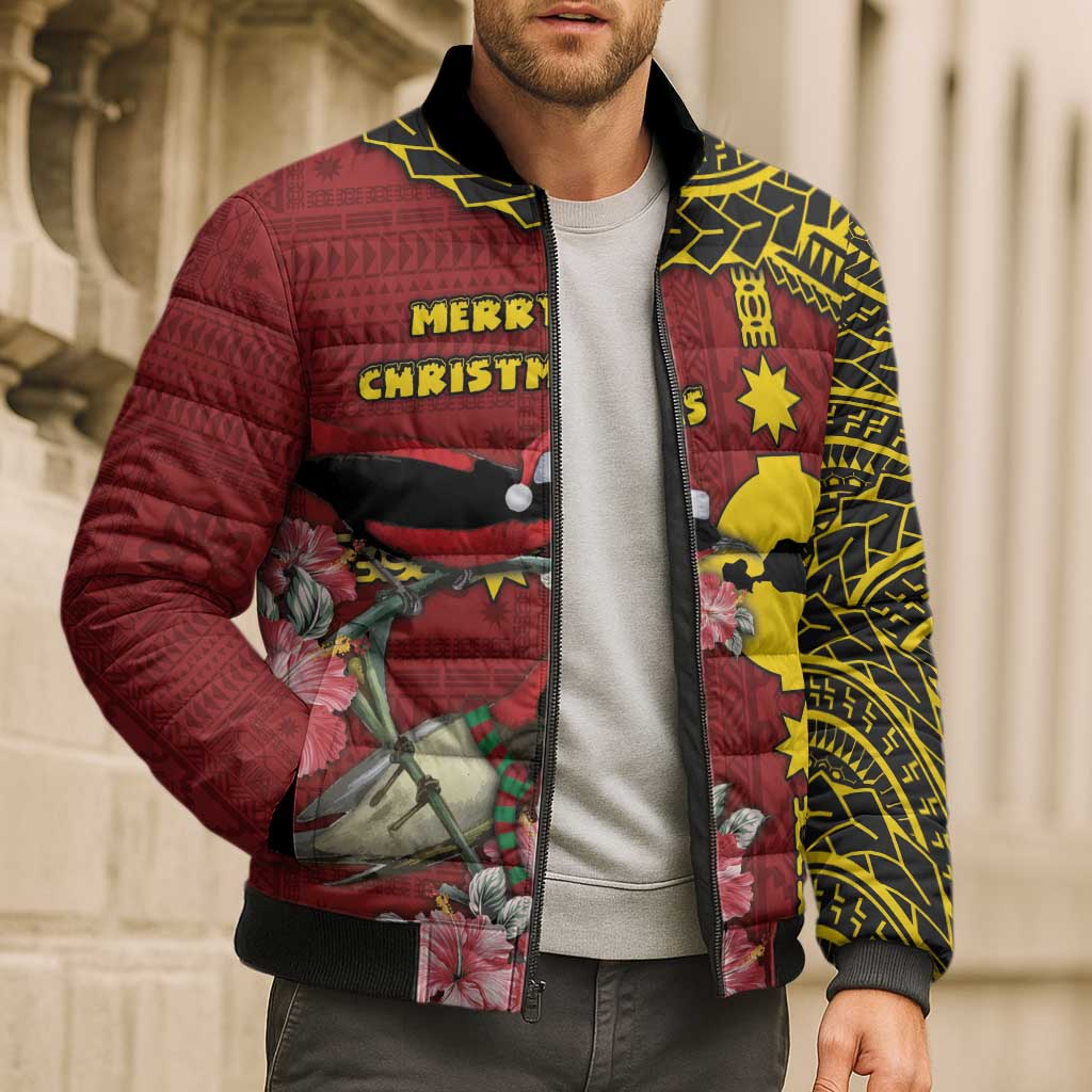 Rotuma Christmas Bomber Puffer Jacket Rotuma Myzomela Birds With Hibiscus Flowers - Polynesian Pride