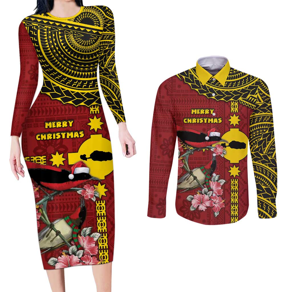 Rotuma Christmas Couples Matching Long Sleeve Bodycon Dress and Long Sleeve Button Shirt Rotuma Myzomela Birds With Hibiscus Flowers - Polynesian Pride