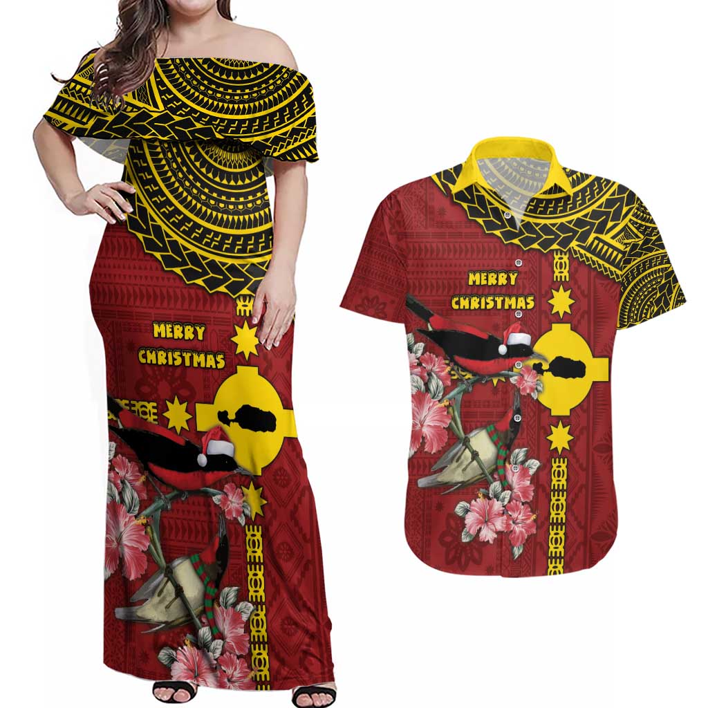 Rotuma Christmas Couples Matching Off Shoulder Maxi Dress and Hawaiian Shirt Rotuma Myzomela Birds With Hibiscus Flowers - Polynesian Pride