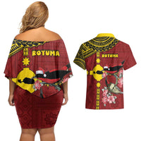 Rotuma Christmas Couples Matching Off Shoulder Short Dress and Hawaiian Shirt Rotuma Myzomela Birds With Hibiscus Flowers - Polynesian Pride