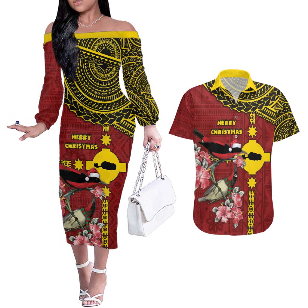 Rotuma Christmas Couples Matching Off The Shoulder Long Sleeve Dress and Hawaiian Shirt Rotuma Myzomela Birds With Hibiscus Flowers - Polynesian Pride