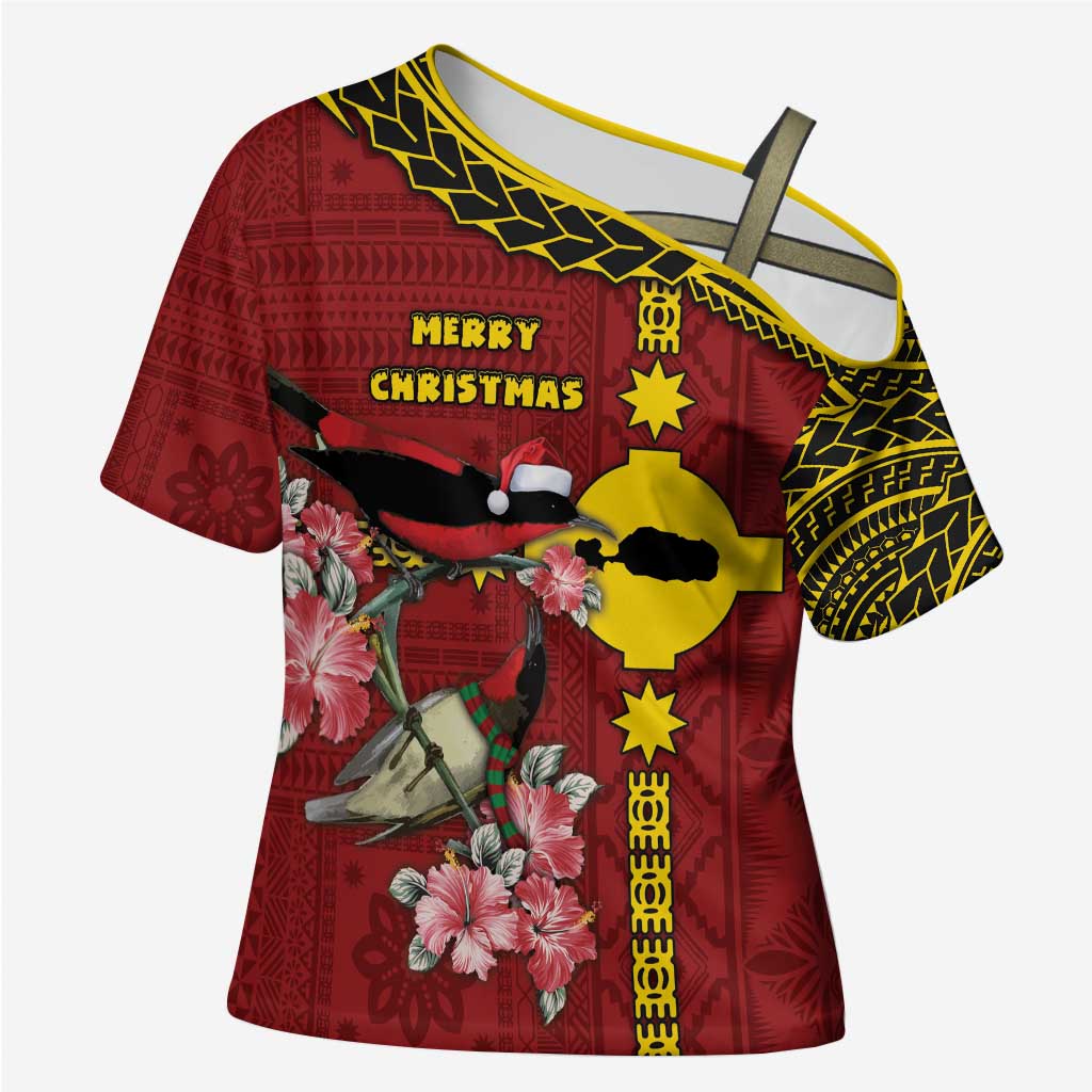 Rotuma Christmas Cross Shoulder Shirt Rotuma Myzomela Birds With Hibiscus Flowers - Polynesian Pride
