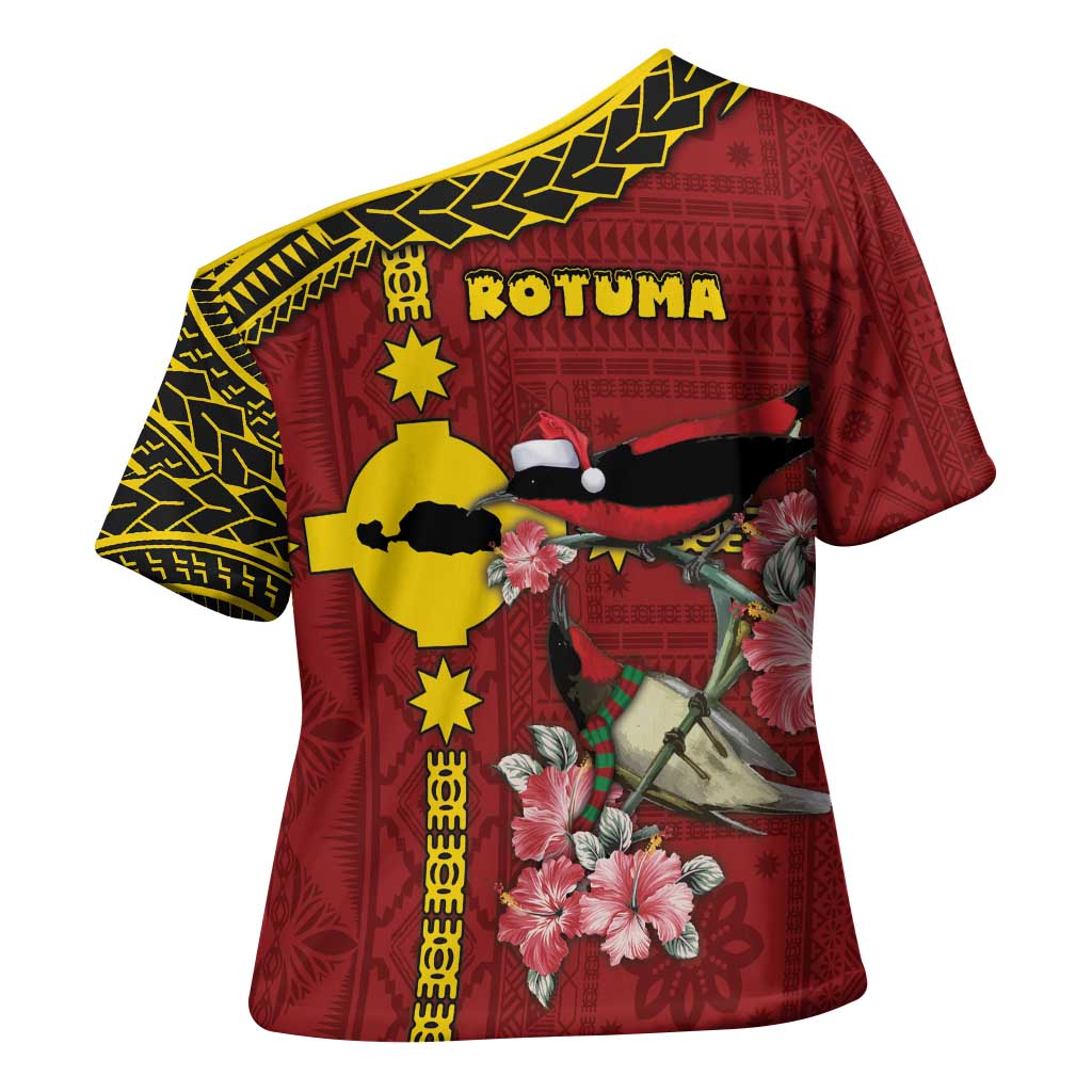 Rotuma Christmas Cross Shoulder Shirt Rotuma Myzomela Birds With Hibiscus Flowers - Polynesian Pride