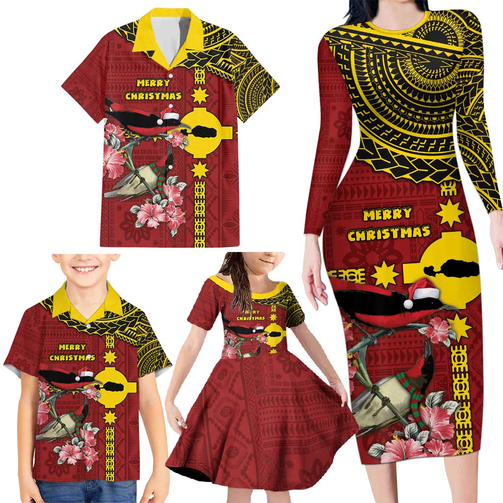 Rotuma Christmas Family Matching Long Sleeve Bodycon Dress and Hawaiian Shirt Rotuma Myzomela Birds With Hibiscus Flowers - Polynesian Pride