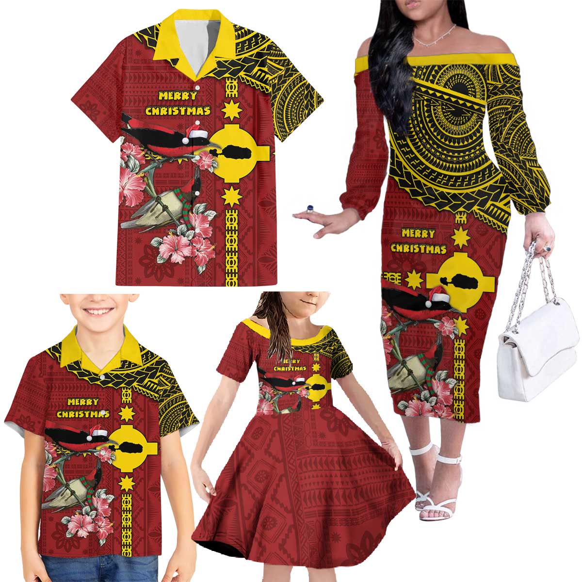 Rotuma Christmas Family Matching Off The Shoulder Long Sleeve Dress and Hawaiian Shirt Rotuma Myzomela Birds With Hibiscus Flowers - Polynesian Pride