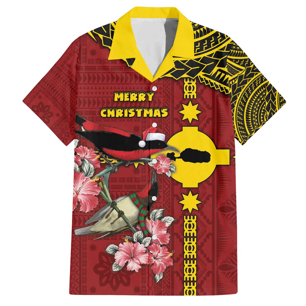 Rotuma Christmas Family Matching Off The Shoulder Long Sleeve Dress and Hawaiian Shirt Rotuma Myzomela Birds With Hibiscus Flowers - Polynesian Pride