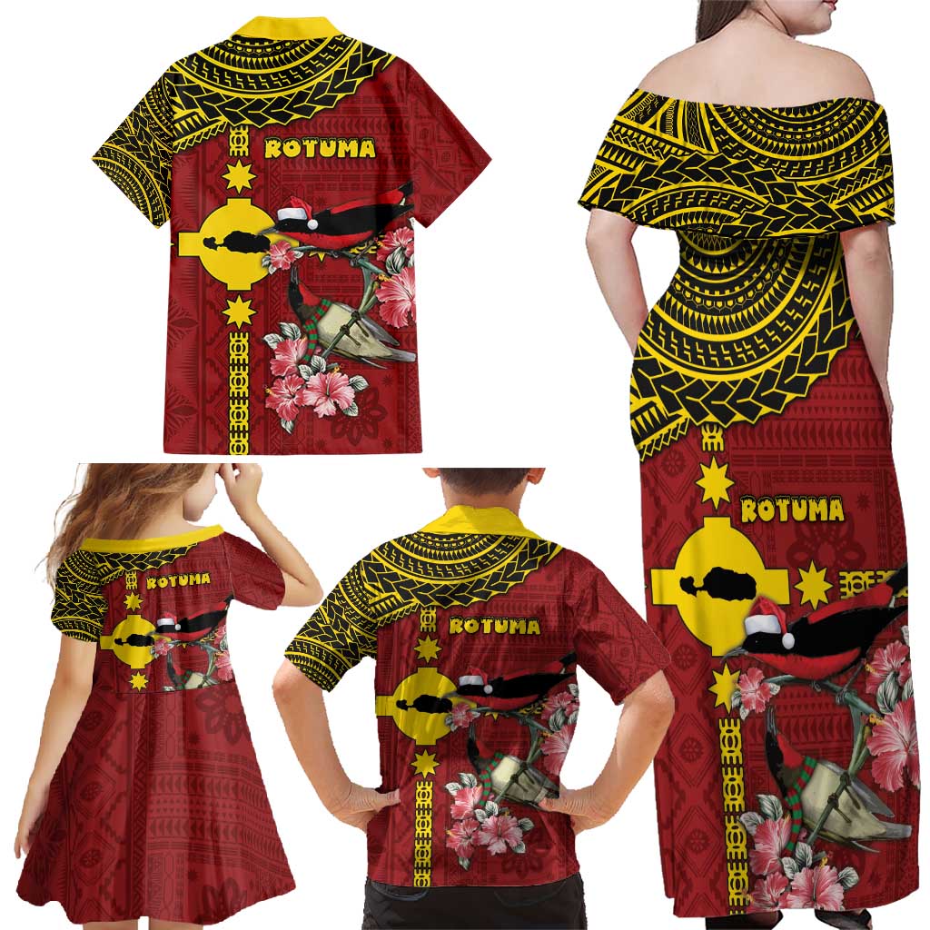 Rotuma Christmas Family Matching Off Shoulder Maxi Dress and Hawaiian Shirt Rotuma Myzomela Birds With Hibiscus Flowers - Polynesian Pride