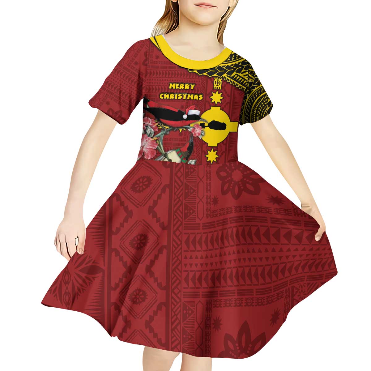 Rotuma Christmas Kid Short Sleeve Dress Rotuma Myzomela Birds With Hibiscus Flowers - Polynesian Pride