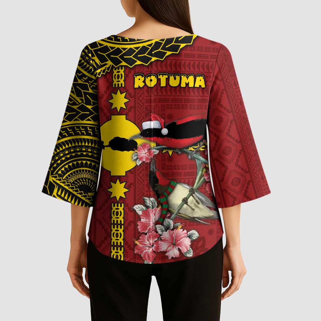Rotuma Christmas Kimono Sleeve Blouse Rotuma Myzomela Birds With Hibiscus Flowers - Polynesian Pride