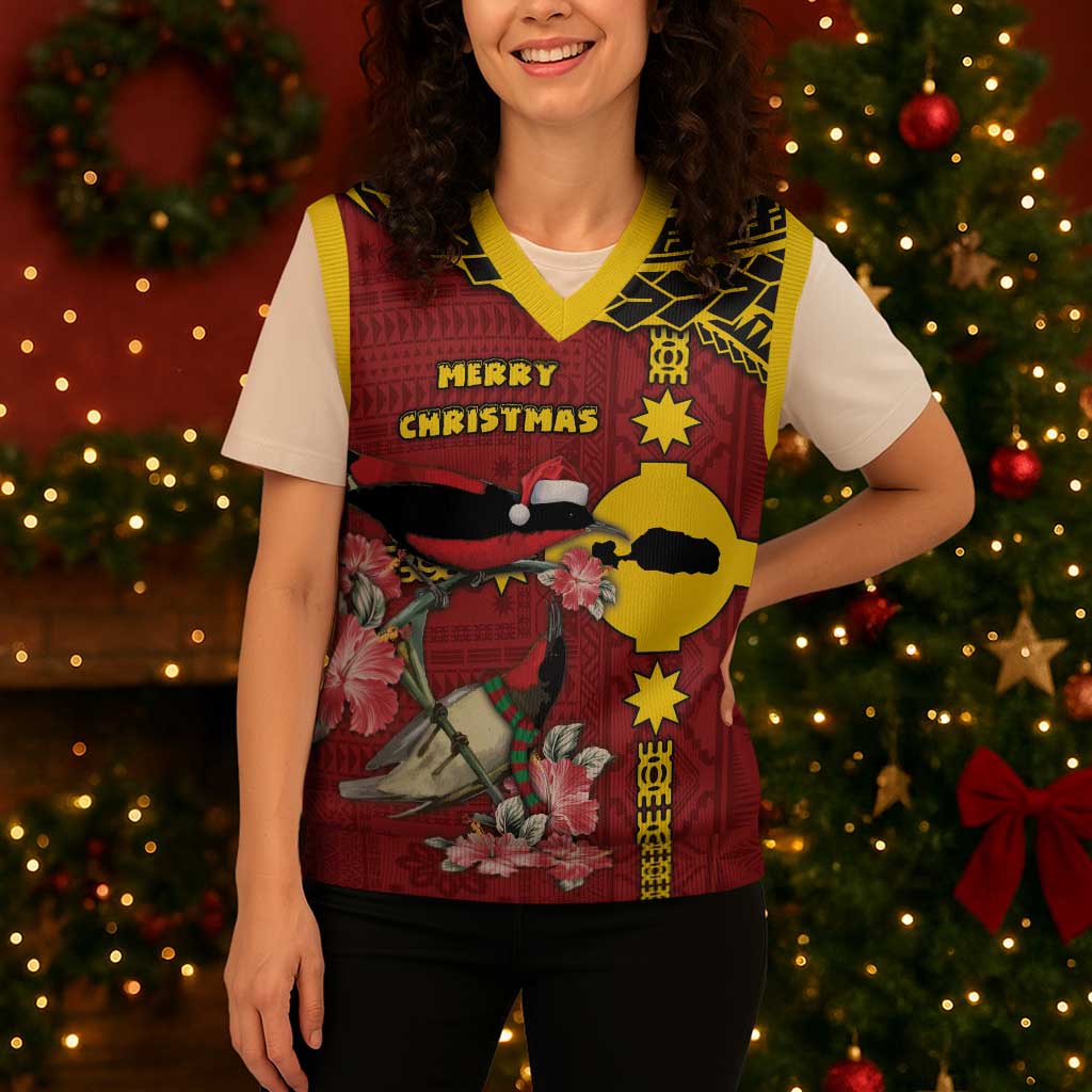 Rotuma Christmas Knitted V-Neck Vest Rotuma Myzomela Birds With Hibiscus Flowers - Polynesian Pride