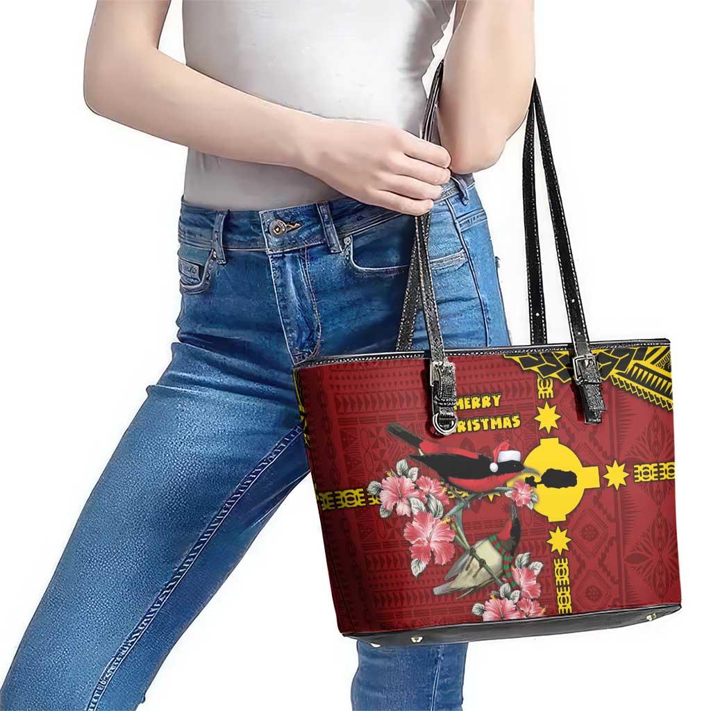 Rotuma Christmas Leather Tote Bag Rotuma Myzomela Birds With Hibiscus Flowers - Polynesian Pride