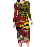 Rotuma Christmas Long Sleeve Bodycon Dress Rotuma Myzomela Birds With Hibiscus Flowers - Polynesian Pride