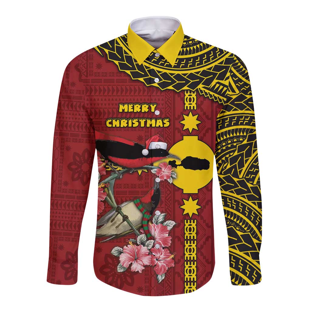 Rotuma Christmas Long Sleeve Button Shirt Rotuma Myzomela Birds With Hibiscus Flowers - Polynesian Pride