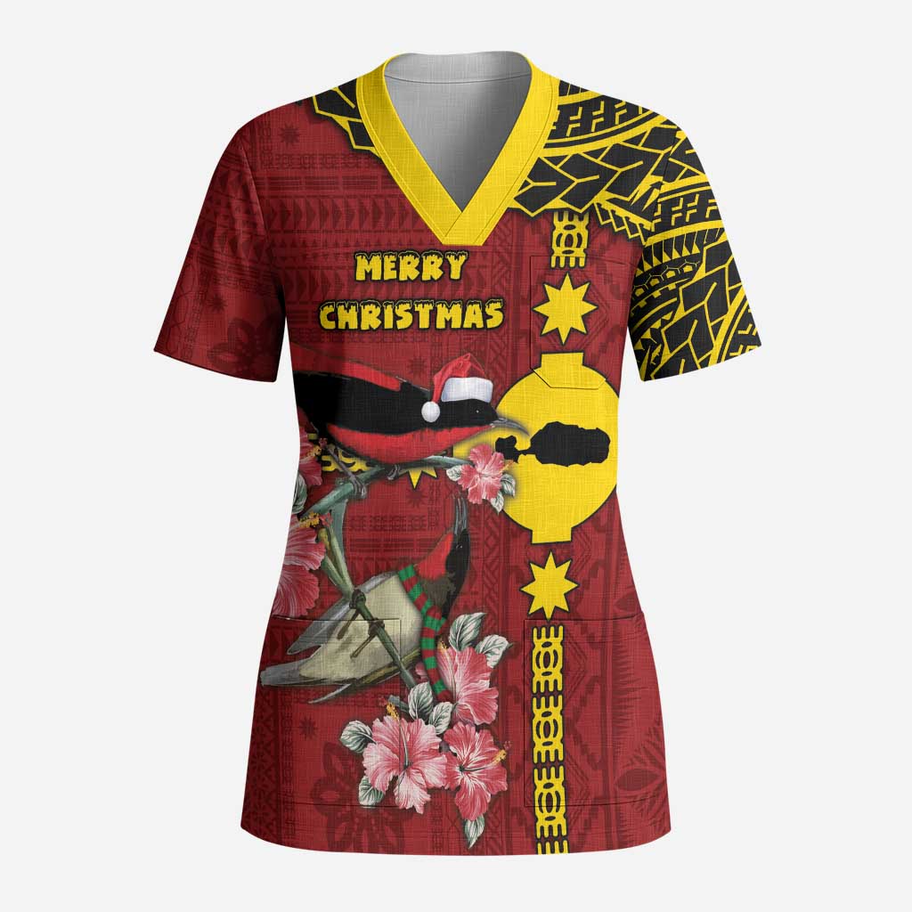 Rotuma Christmas Scrub Top Rotuma Myzomela Birds With Hibiscus Flowers - Polynesian Pride
