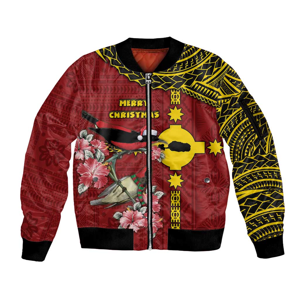 Rotuma Christmas Sleeve Zip Bomber Jacket Rotuma Myzomela Birds With Hibiscus Flowers - Polynesian Pride