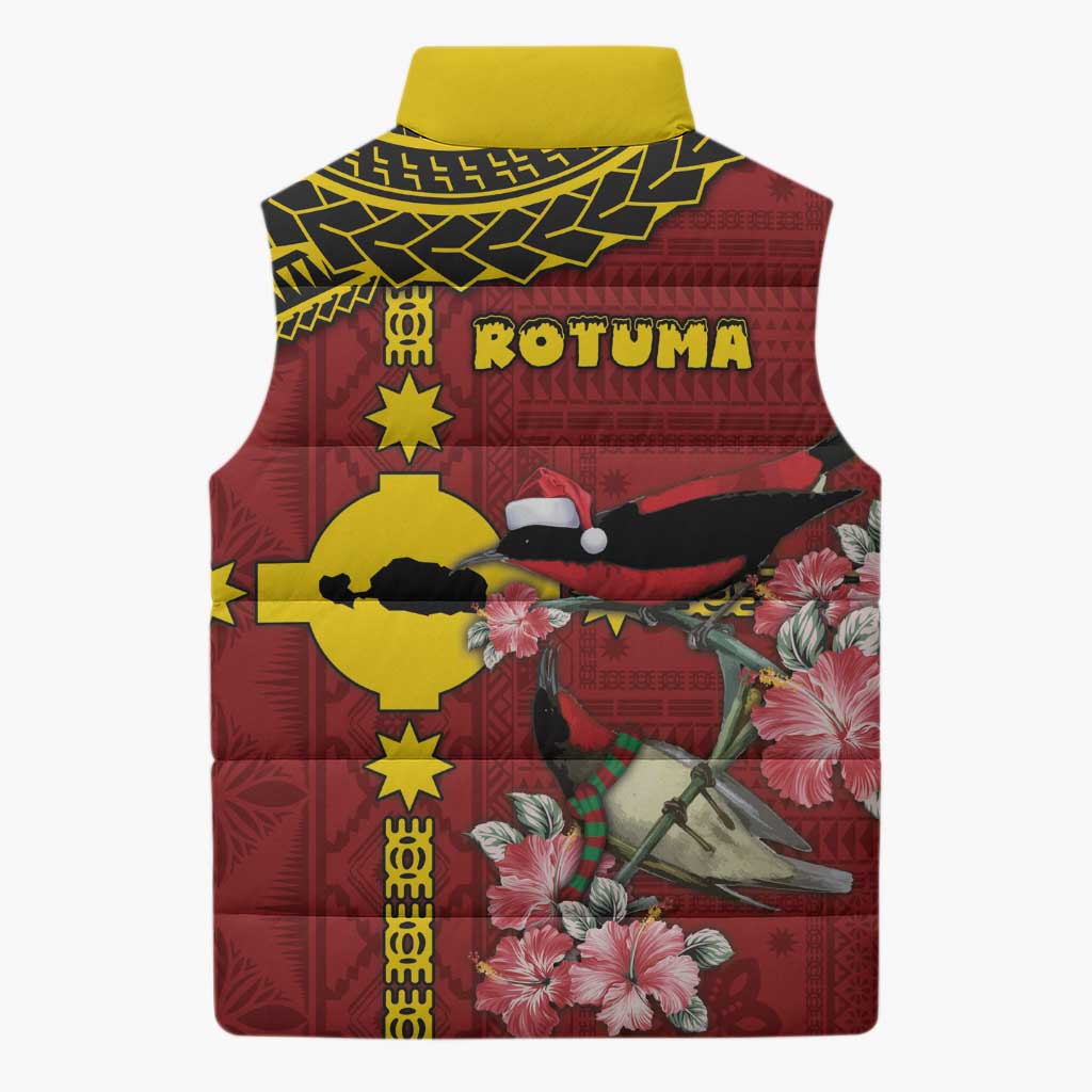 Rotuma Christmas Sleeveless Puffer Jacket Rotuma Myzomela Birds With Hibiscus Flowers - Polynesian Pride