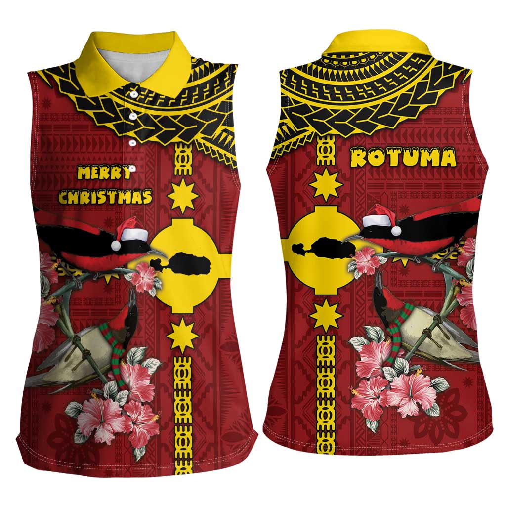 Rotuma Christmas Women Sleeveless Polo Shirt Rotuma Myzomela Birds With Hibiscus Flowers - Polynesian Pride