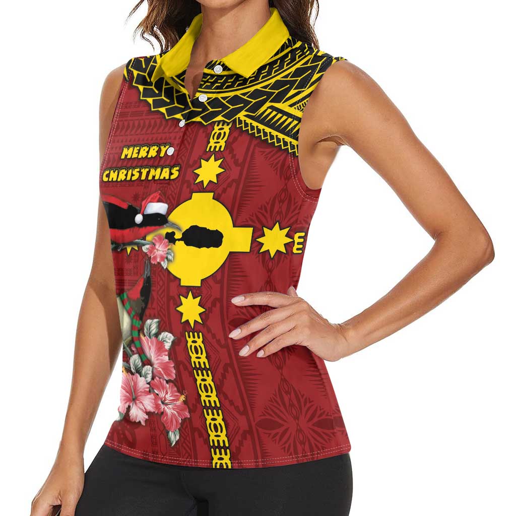 Rotuma Christmas Women Sleeveless Polo Shirt Rotuma Myzomela Birds With Hibiscus Flowers - Polynesian Pride