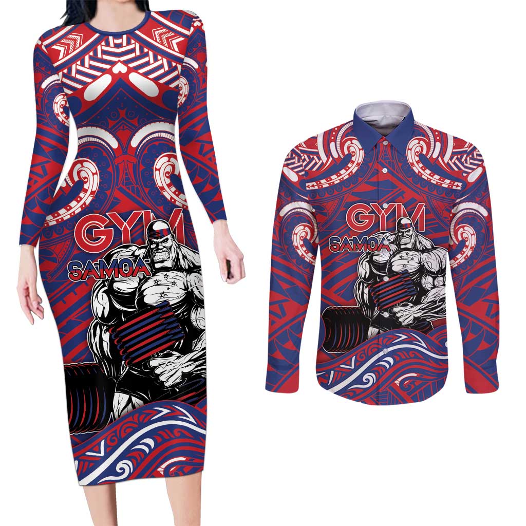 Personalised Samoa Gym Couples Matching Long Sleeve Bodycon Dress and Long Sleeve Button Shirt Muscle Samoan Tribal Waves DT05 Navy - Polynesian Pride