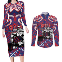 Personalised Samoa Gym Couples Matching Long Sleeve Bodycon Dress and Long Sleeve Button Shirt Muscle Samoan Tribal Waves DT05 Navy - Polynesian Pride