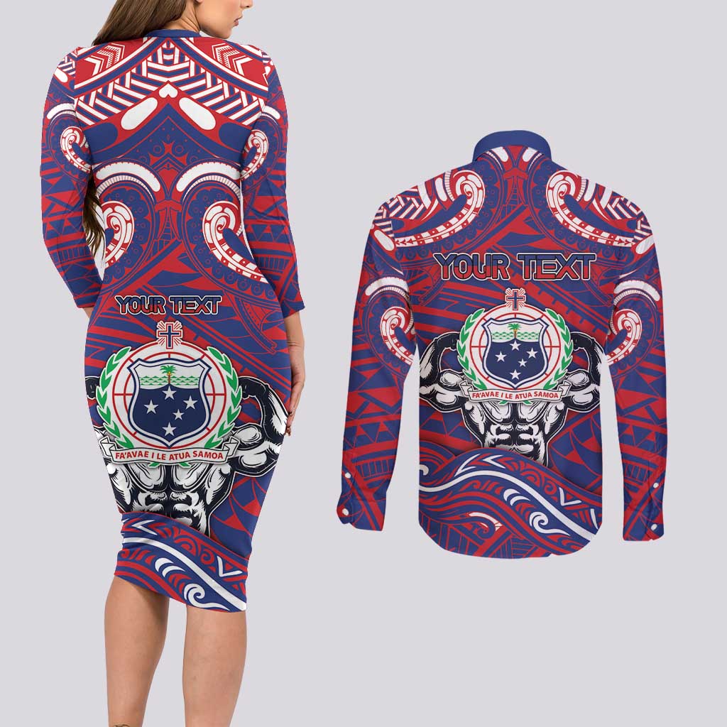Personalised Samoa Gym Couples Matching Long Sleeve Bodycon Dress and Long Sleeve Button Shirt Muscle Samoan Tribal Waves DT05 - Polynesian Pride