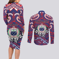Personalised Samoa Gym Couples Matching Long Sleeve Bodycon Dress and Long Sleeve Button Shirt Muscle Samoan Tribal Waves DT05 - Polynesian Pride