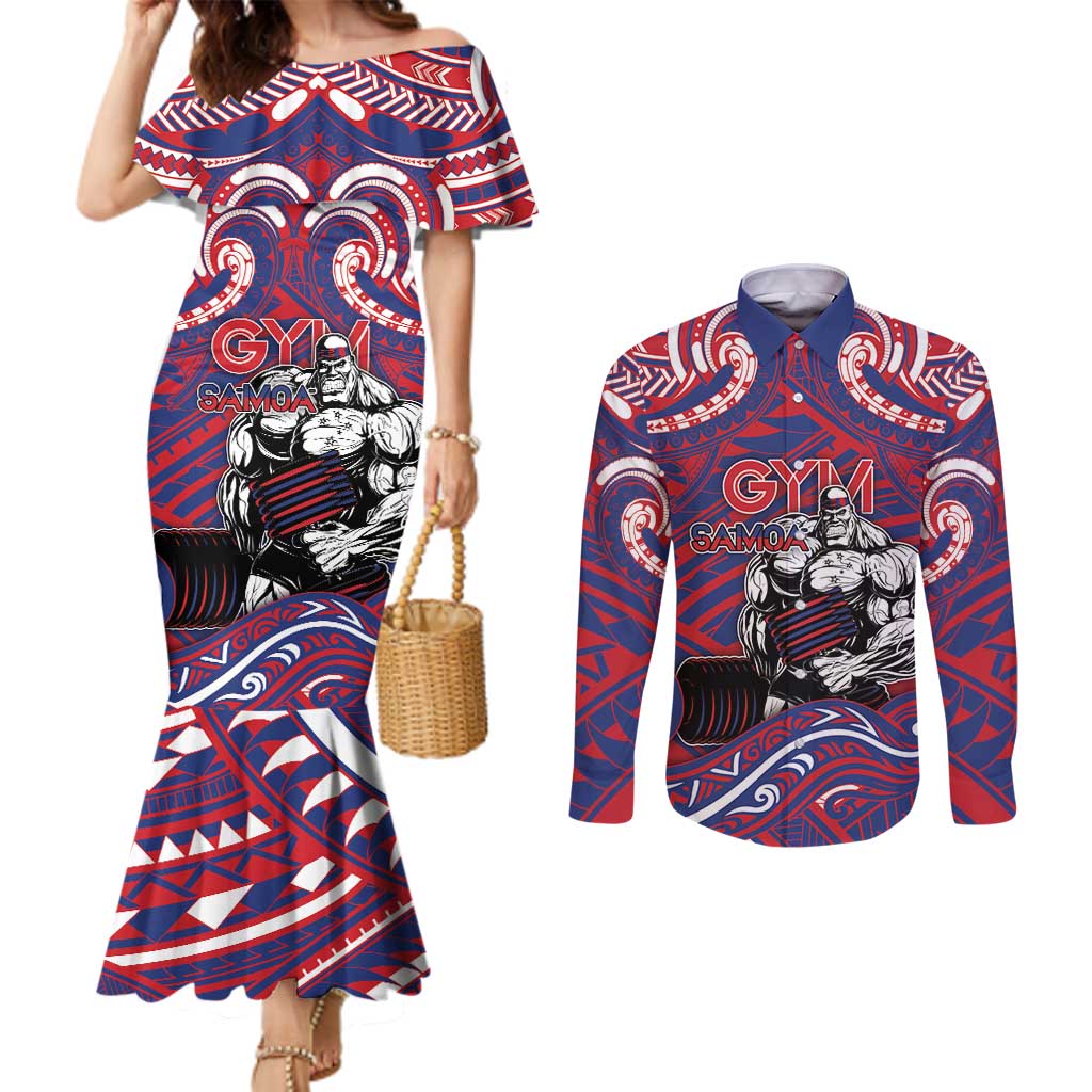 Personalised Samoa Gym Couples Matching Mermaid Dress and Long Sleeve Button Shirt Muscle Samoan Tribal Waves - Polynesian Pride