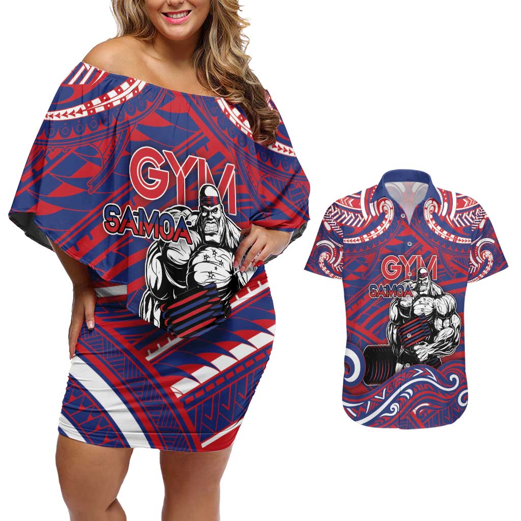 Personalised Samoa Gym Couples Matching Off Shoulder Short Dress and Hawaiian Shirt Muscle Samoan Tribal Waves DT05 Navy - Polynesian Pride