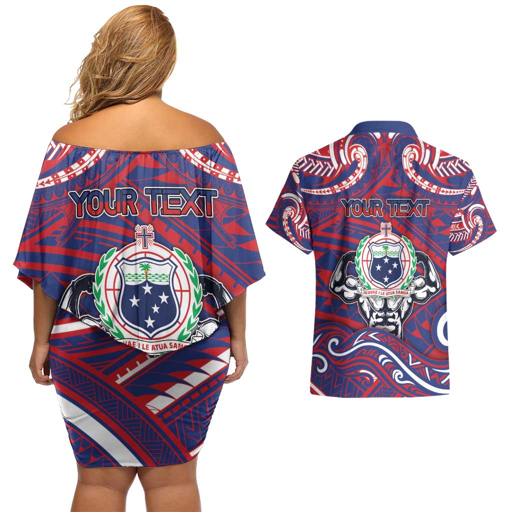 Personalised Samoa Gym Couples Matching Off Shoulder Short Dress and Hawaiian Shirt Muscle Samoan Tribal Waves DT05 - Polynesian Pride