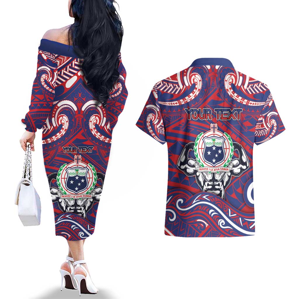 Personalised Samoa Gym Couples Matching Off The Shoulder Long Sleeve Dress and Hawaiian Shirt Muscle Samoan Tribal Waves - Polynesian Pride